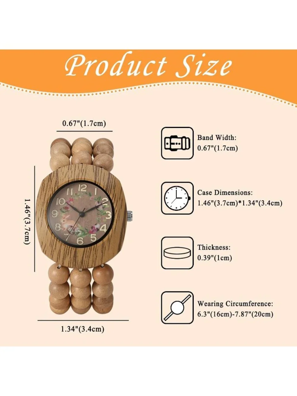 Women's Khaki Boho Wood Bead Wreath Dial Floral Quartz Elastic Band Casual Watch